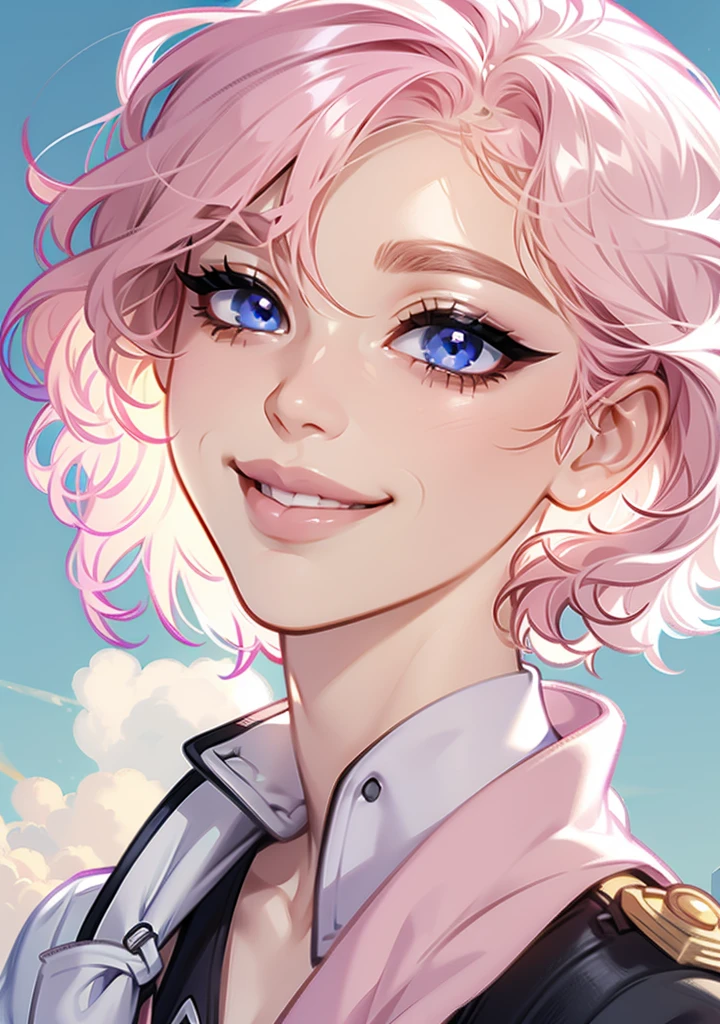 Ultradetailed face, portrait, dynamic angle, detailed shading, short hair, wavy hair, light pink hair, pale skin, smiling, cute face, fit clothing