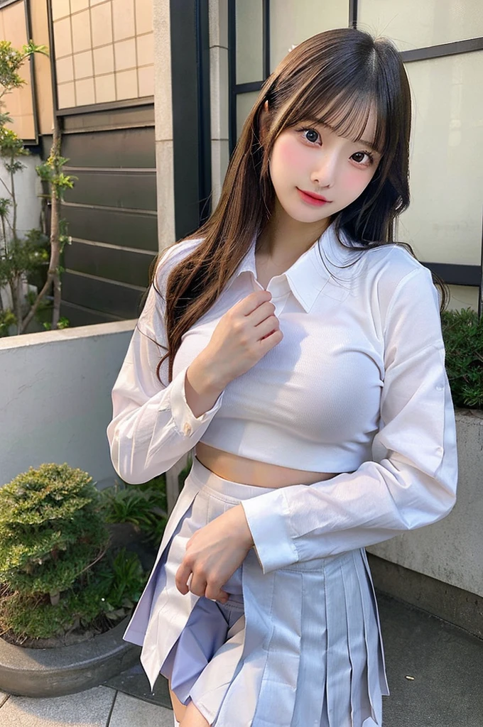 realistically, 1 girl, ponytail, brown eyes, glowing eyes, white short skirt, Blush, daytime, Wet from the rain, see through, Strapless shirt, nipples, Sit with your knees raised., armpit, pussy, , crotch