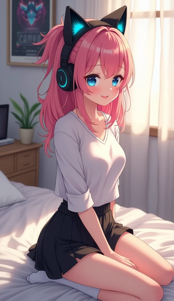(Highest quality:1.2, animeスタイル, anime:1.2, Very detailed, Latest, Vibrant, digital coloring, High Contrast, masterpiece:1.2, Highest quality, Best aesthetics), (((supersonic, Super Sonico:1.2, 1 Female))), Pink Hair, Long Hair, Gradient Hair, Reddish brown eyes, Big Breasts, Silver_Headphones, White long sleeve T-shirt, necklace, Beautiful thighs, smile:1.2, Lie down on the bed, Bedroom view, Cowboy Shot.