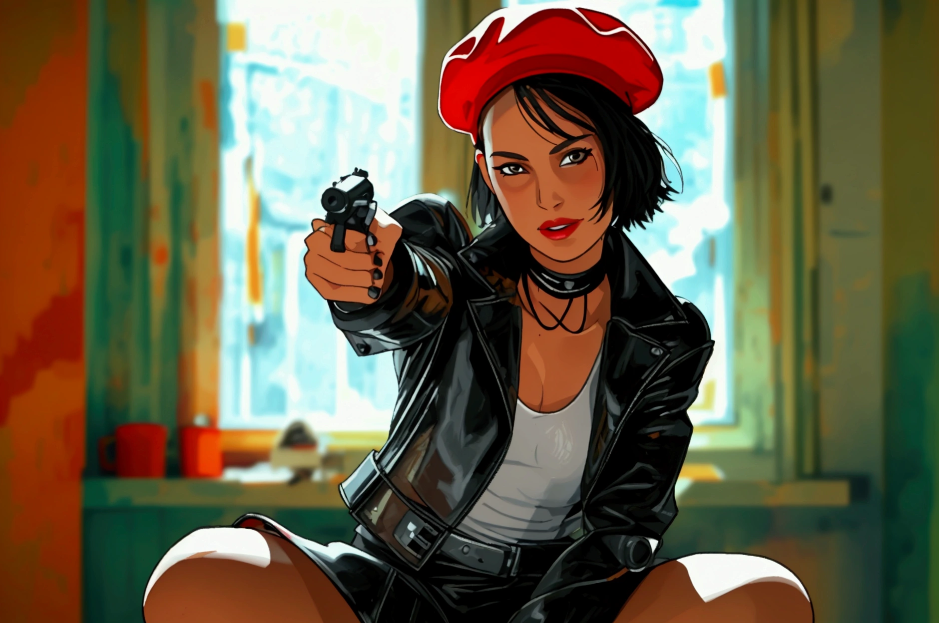 A female assassin squatting a stool and points the gun at the viewer, looking down and smiling fearlessly at the viewe, low angle shot, bob cut hair and red beanie, black choker, Black leather cropped jacket, white tube top, black leather miniskirt, black short boots, in the room, Sunlight shines through the window, super realism, super photorealistic, cinematic lighting, Artwork inspired by Natalie Portman
