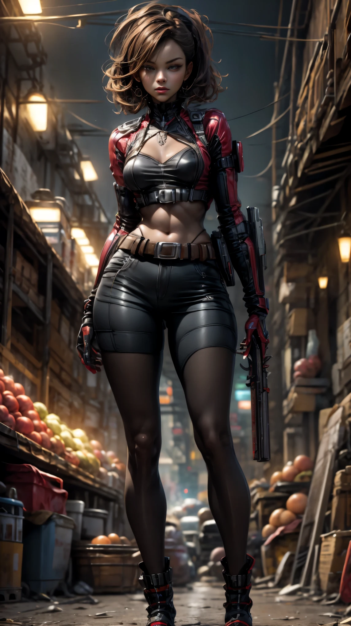 plano general,  full body,  anatomically correct , Unreal Engine:1.4,Ultra realistic CG K, photorealistic:1.4, skin texture:1.4, artwork 1girl, Gatling gun, shell,  Looking at the spectator,  Dynamic Pose , blows,  ammunition belt , Gloves, breasts, shooting,  background  :1.4, more detailed, optical mix , funny patterns, animated texture, unique visual effect, or cyberpunk yellow color, red stockings,  yellow leather miniskirt,  masterpiece , ((flag, , vegetables, rosa, brown: 1.2)) ,  realistic 8K digital art )), 32k