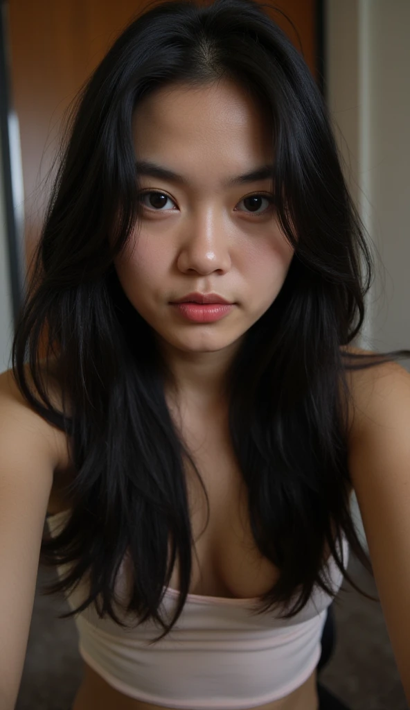 Full body photo、Small breasts、((Highest quality, 64k, masterpiece :1.3))、(((Hyperrealistic)))、looking at the camera、A very beautiful 28 year old Japanese female professional tennis player gets facialized, (((White semen overflows from her mouth and drips down to her chest.)))、Licking up the overflowing semen with the tip of her tongue、Short bob hairstyle a little messy after sex、The whole body is wet with sweat、(((Bust size is B cup)))、(((The breasts are small)))、Sitting with legs apart on a bench in the corner of an indoor tennis court、((Wearing black tennis wear))、Her mouth is open, unable to withstand the sexual pleasure、 Highest quality,(RAW Photos:1.2),(masterpiece:1.4),(Realistic:1.4)、Moist eyes、Beautiful black eyes.bukkake、(((Smaller breasts)))、A small mole under the right eye、Accurate body proportions and realistic details