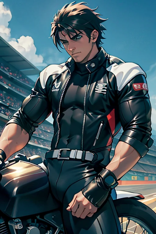 biker racing suit leather motorbiker Not wearing a helmet gay whole body racing suit leather By your side man GAY