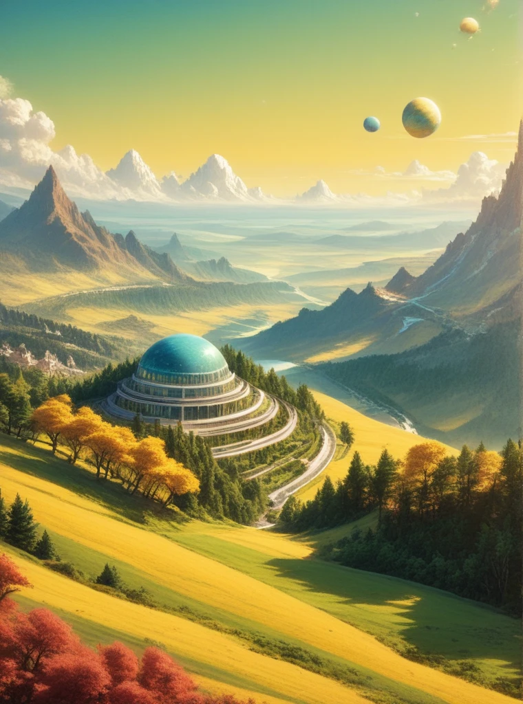 score_9, score 8 above ,,score _7 above , art deco style ,  island with trees and floating plain in the sky ,  yellow sky with large clouds with half a planet appearing,  over desertDepth of field , reflected light, vivid colors 