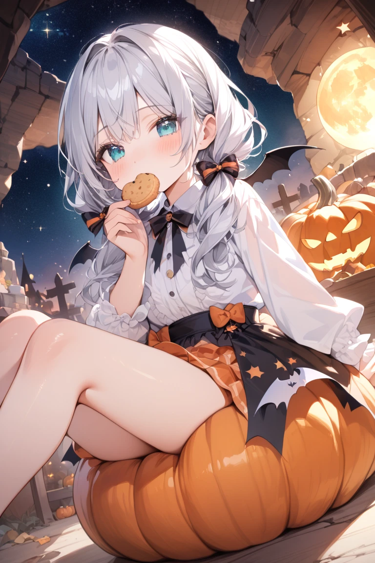 masutepiece, Fine detail, 4K, 8K, 12K, a beauty girl, caucasian female, maid clothes, White hair, Long hair, Halloween, 🎃、red eyes、Skirt Sex、M-shaped legs、Female genitalia are visible、Masturbation、Masturbating