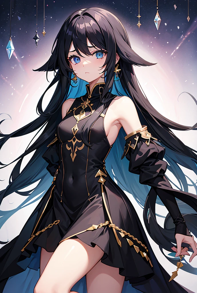 Anime girl,long black hair, blue eyes,rectangular body figure, detailed hair, detailed face,best quality, high resolution, 8k