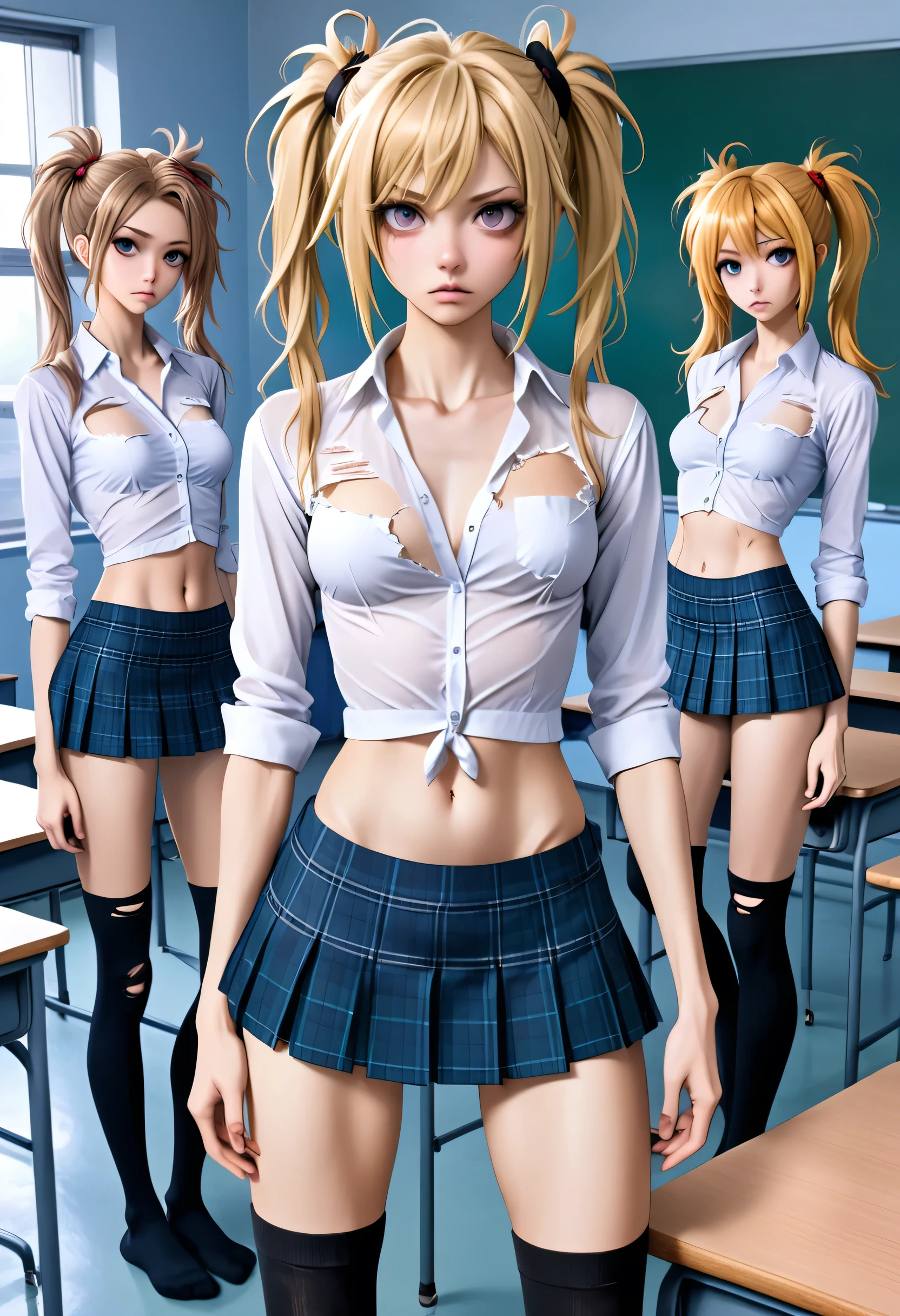 Blonde hair with blue eyes,B cup chest,Excellent figure,Wear underwear and underwear,No coat,Single horsetail,Tie your hair