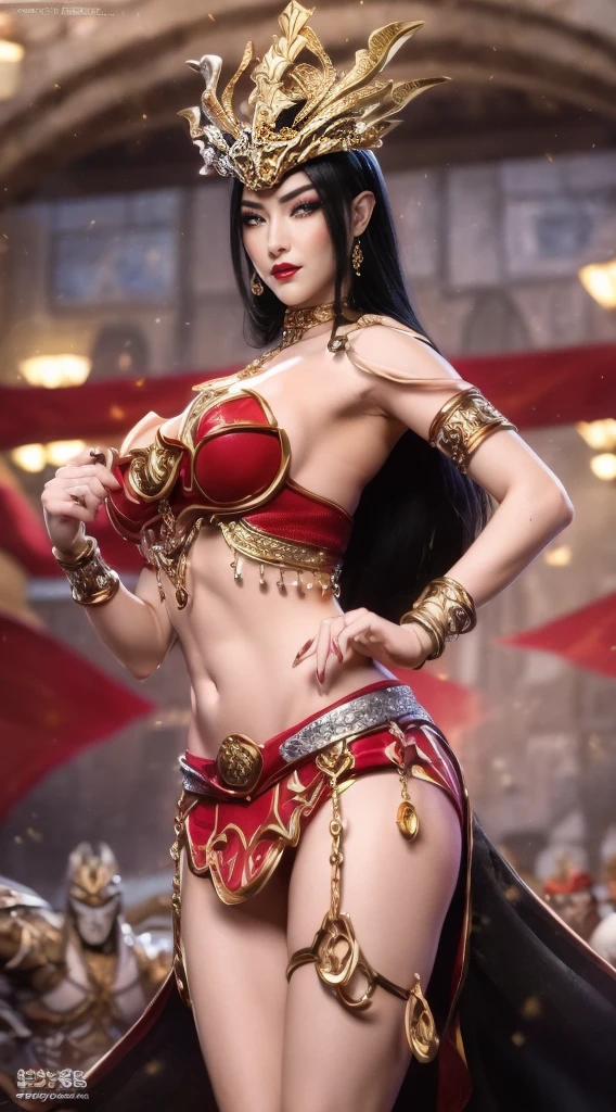 8k, masterpiece, RAW photo, highest quality, realistic, Highly detailed CG Unity 8k wallpapermcinematic light,ray tracing, (very beautiful face, beautiful lips, beautiful eyes), face with intricate details, ((highly detailed skin)) large chest, , deep shadow, cute korean girl,,(Very muscular body), (big smile),  (with no people in the background),  white diamond earrings, diameter bracelet, diamond necklace, clear eyes, walk , front shot, (white skin), pale skin,look forward, (Big eyes), ((whole bodyショット)),  ((standing pose)) ,perfect anatomy,goddess,voluptuous,mouth open, teeth showing,defined abs,short torso,castle background,dynamic pose,sparkly red crop top