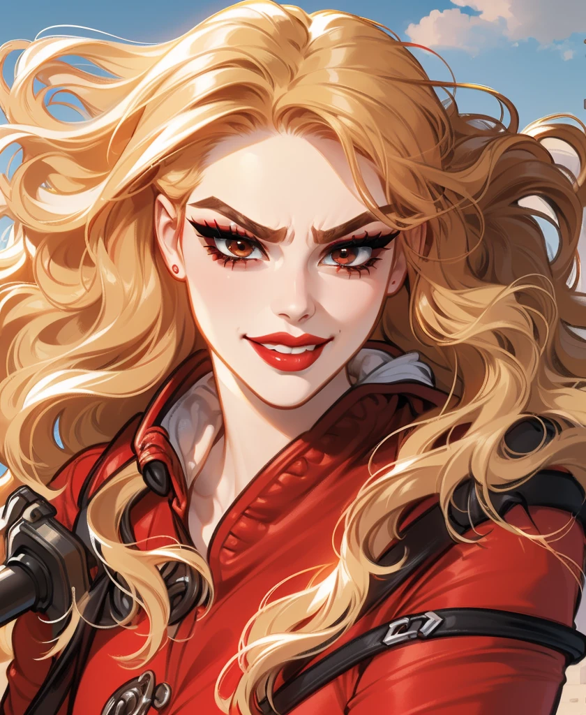 Ultradetailed face, portrait, dynamic angle, detailed shading, (dynamic pose:1.4), (confident:1.2), mature woman, ((heavy makeup)), ((red fit dress)), skinny, ((angry eyes)), ((smiling)), ((long wavy hair)), wolfcut, red lips, blonde hair, pale skin, sexy pose