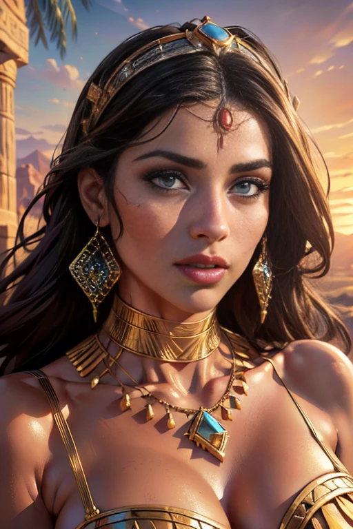 a beautiful egyptian slave girl, intricate egyptian jewelry, delicate facial features, detailed eyes and lips, flowing white dress, ornate headdress, desert landscape, ancient ruins, warm sunlight, cinematic lighting, vibrant colors, (best quality,4k,8k,highres,masterpiece:1.2),ultra-detailed,(realistic,photorealistic,photo-realistic:1.37),HDR,UHD,studio lighting,ultra-fine painting,sharp focus,physically-based rendering,extreme detail description,professional,vivid colors,bokeh,photorealistic portrait