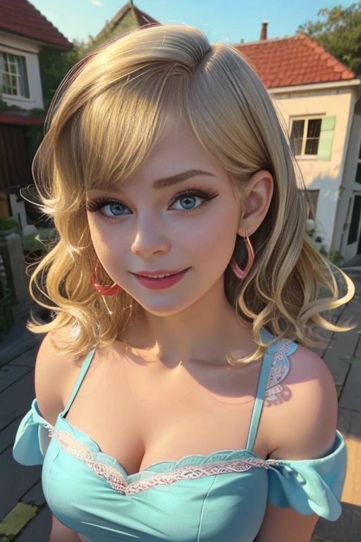 (The best quality, 4k, 8k, High Resolutions, masterpiece:1.2), ultra detailed, detailed face, Detailed lips and eyes......, cute makeup , attractive appearance, expressive face, realist,
TO BREAK  Loud ,beautiful caucasian woman with shoulder length messy wavy blonde hair,short blonde hair , brown eyebrows, big blue eyes, clear skin, slim and athletic, Long hair , blond hair,
TO BREAK  (dynamic  pose)  ,Nice smile,  Soft sunlight illuminating the scene, Subtle movement of the wind in the hair, cheerful expression, gloomy atmosphere, Suave, Natural lighting that emphasizes your features......, Subtle shadows that add depth and dimension to the image......, (maduro) , posing sexy , cute makeup , Red lips , blue eye shadow , leni loud , She is wearing a turquoise dress, black glasses on the head, happy , Whole body 