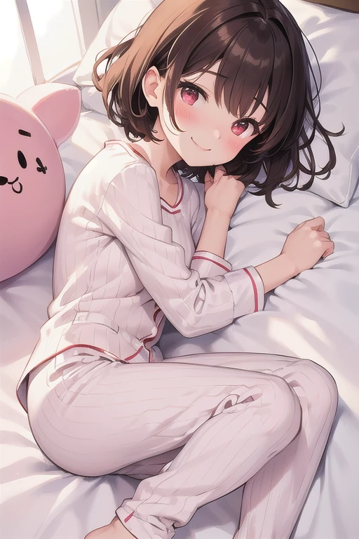 masterpiece、    best quality, beautiful、   1 girl、 Sleeping in bed 、  Thin vertical pink stripes on white pajamas、Adorable face、Brown Hair、  short hair、 Red Eyes、smile、blush、 Slender figure 、 Full body portrait、Beautiful bedroom、