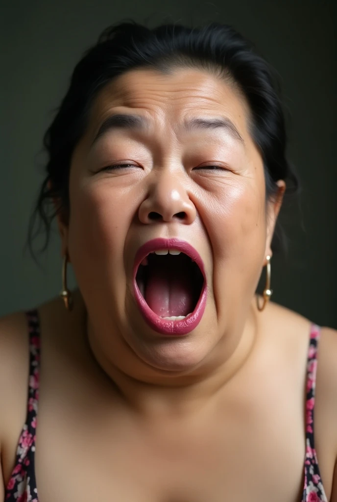 a disgusting old chinese man, fat, ugly, twintails, open mouth smile,