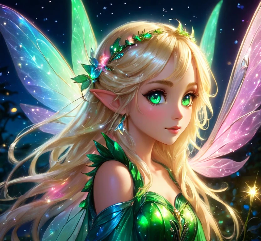 Blonde Goddess, beautiful fairy, green and blue wings, pink lights, fairy at night, sparkles, sheen, shine, glow, pretty eyes, beautiful perfect ears