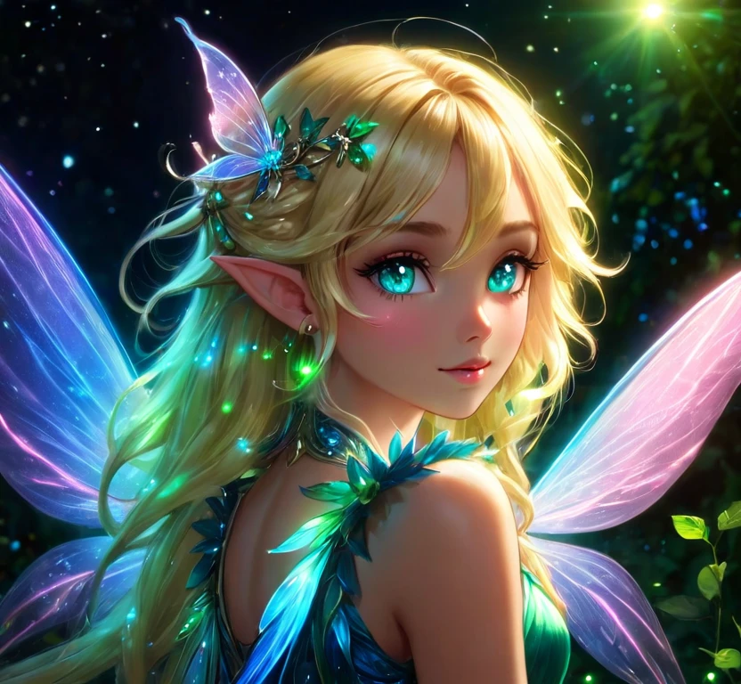 Blonde Goddess, beautiful fairy, green and blue wings, pink lights, fairy at night, sparkles, sheen, shine, glow, pretty eyes, beautiful perfect ears