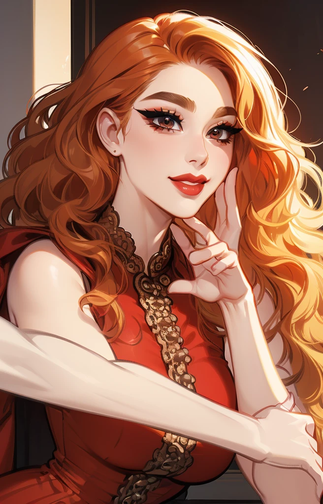 (Masterpiece:1.2), ultradetailed face, portrait, dynamic angle, detailed shading, (dynamic pose:1.4), (confident:1.2), mature woman, blushyspicy, thick lineart, heavy makeup, (red fit dress), skinny, (long wavy hair), wolfcut, red lips, smile, blonde hair, pale skin, sexy pose