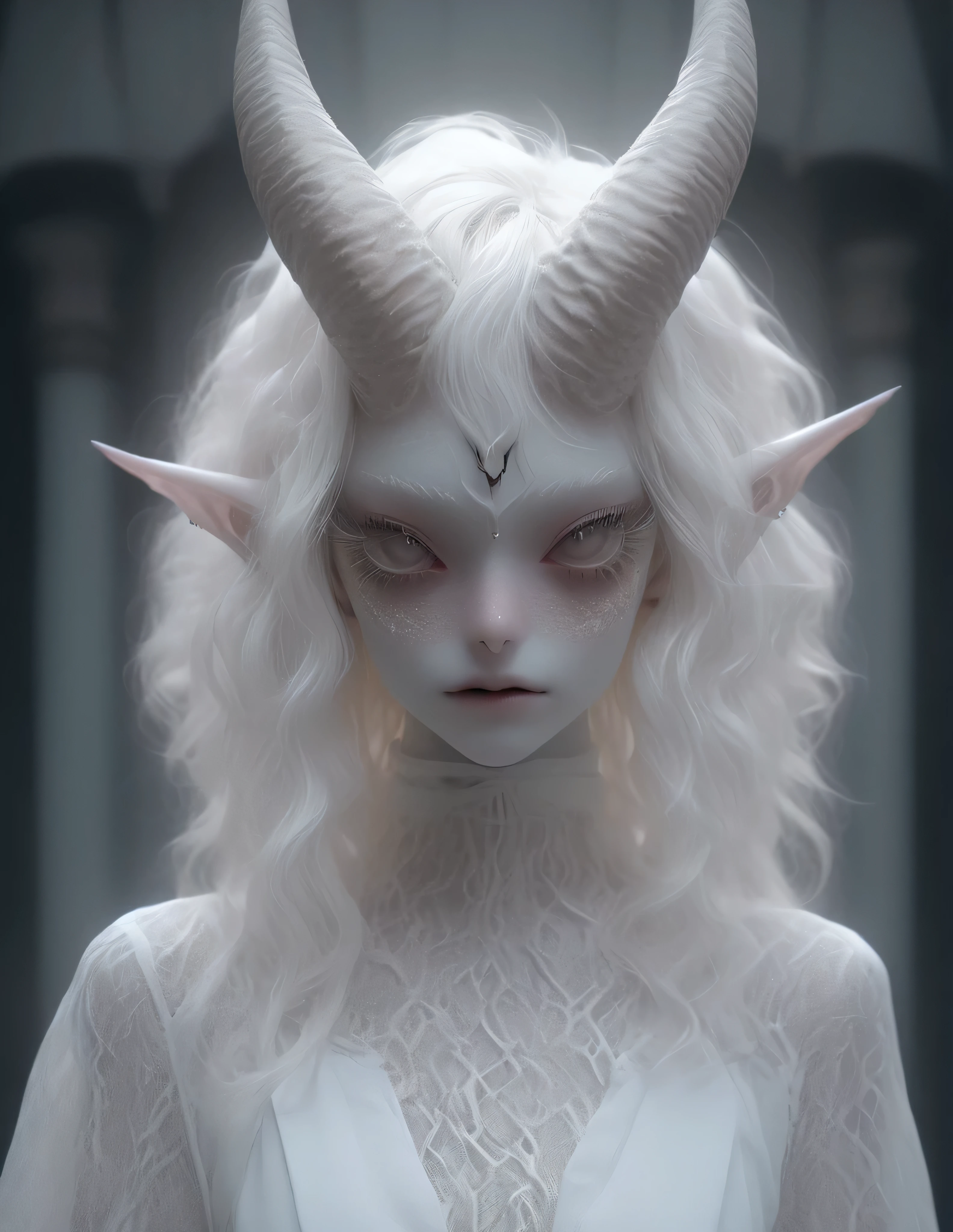 albino demon girl with lethargic sleepy smokey eyes, white curls , insect eyes, antenna , mesh fishnet blouse, (long intricate horns:1.2)  best quality, highest quality, extremely detailed CG unity 8k wallpaper, detailed and intricate,