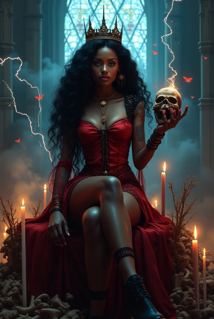seductive nun with wholebody tattoo sitting in burning throne holding a demon head skull