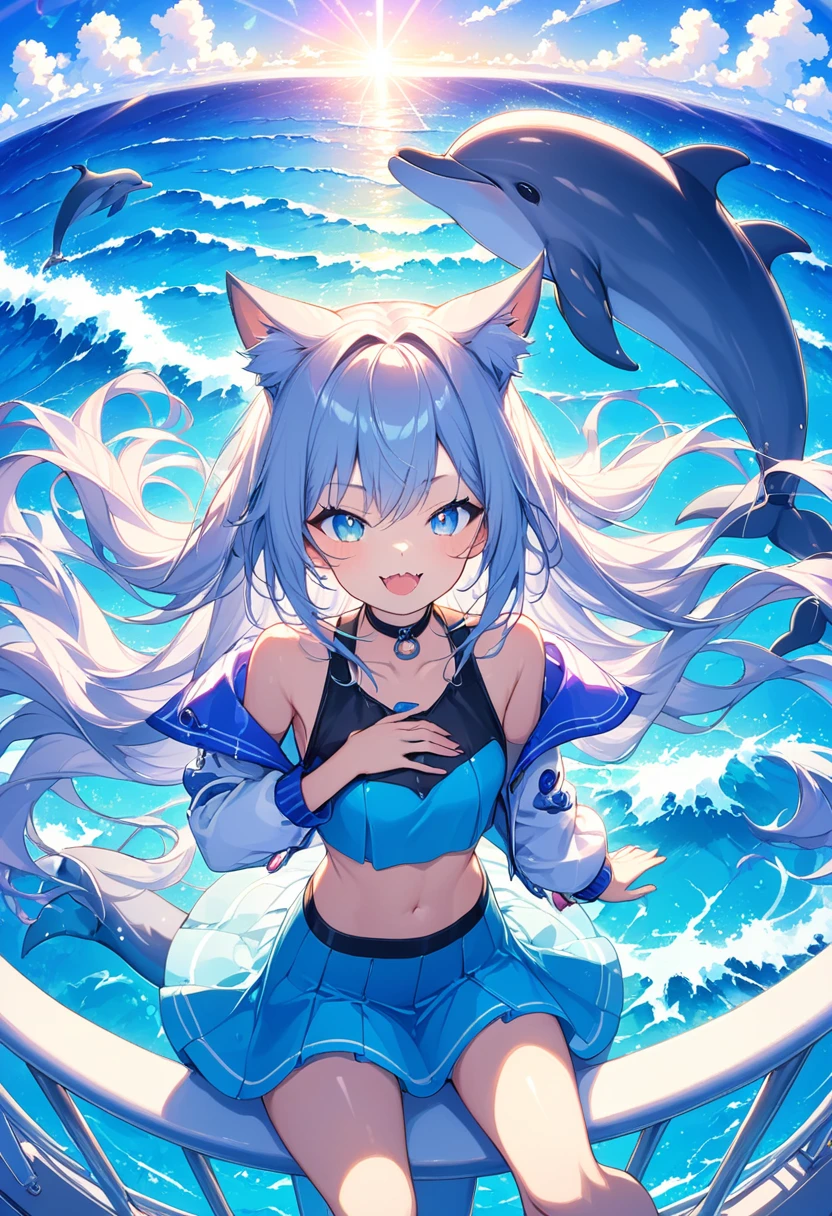 1 cat girl, (small fangs:1.1),animal ear, tail, (flowing hair:1.5), absurdly long hair, open mouth, smirk, 
hand on own chest, crop top dress, jacket,
sitting on mast, (colorful vast ocean background:1.2), horizon line, voyage, (lens flare:1.3), 
sharp focus, looking at viewer, from above, cloud, (dolphin:1.3) ,wave
(intricate:1.1), (masterpiece:1.2), (best quality:1.2), (very aesthetic:1.2), (absurdres:1.2), (detailed background),nitz