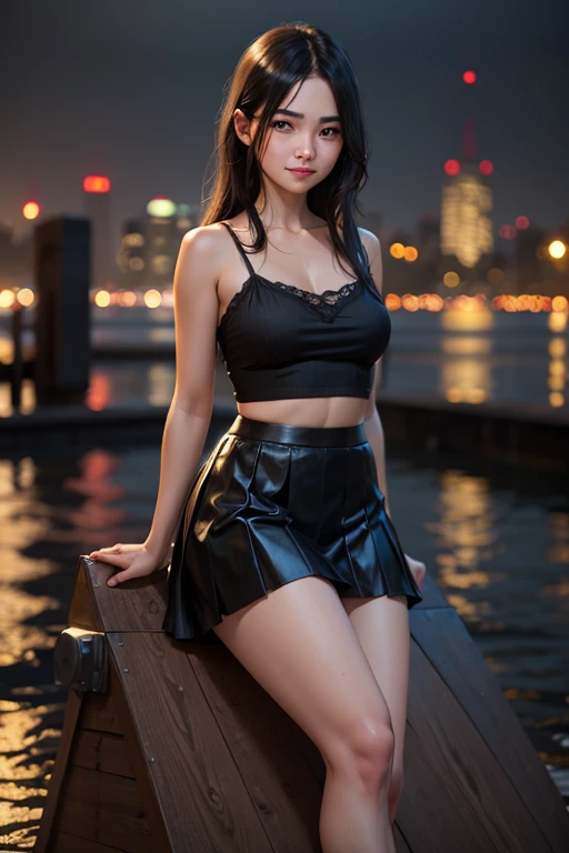 (RAW-Fotos, best quality), (realistic, photorealistic: 1.2), (round face: 1), 1 girl, Outdoor selfie , (detailed skin: 1.2), (Swollen eyes), ( lying silkworm ), smile, collarbone, Water,  straight brown black hair,  pure black pleated skirt ,  soft lighting ,  high quality , Cityscape, Skyline, Night, rain, wet,  professional lighting , Photon Mapping, radiosity, Physically Based Rendering,