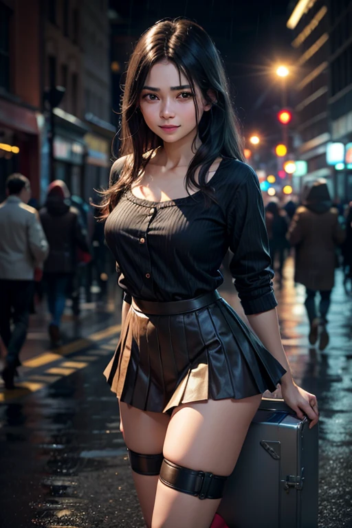 (RAW-Fotos, best quality), (realistic, photorealistic: 1.2), (round face: 1), 1 girl, Outdoor selfie , (detailed skin: 1.2), (Swollen eyes), ( lying silkworm ), smile, collarbone, Water,  straight brown black hair,  pure black pleated skirt ,  soft lighting ,  high quality , Cityscape, Skyline, Night, rain, wet,  professional lighting , Photon Mapping, radiosity, Physically Based Rendering,