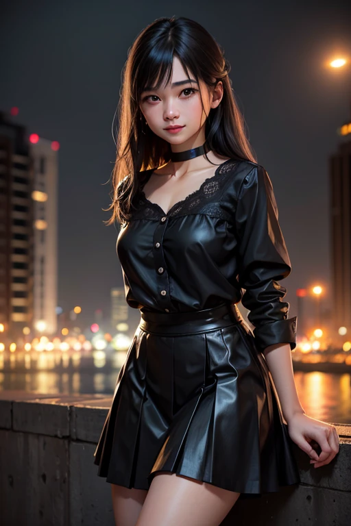 (RAW-Fotos, best quality), (realistic, photorealistic: 1.2), (round face: 1), 1 girl, Outdoor selfie , (detailed skin: 1.2), (Swollen eyes), ( lying silkworm ), smile, collarbone, Water,  straight brown black hair,  pure black pleated skirt ,  soft lighting ,  high quality , Cityscape, Skyline, Night, rain, wet,  professional lighting , Photon Mapping, radiosity, Physically Based Rendering,