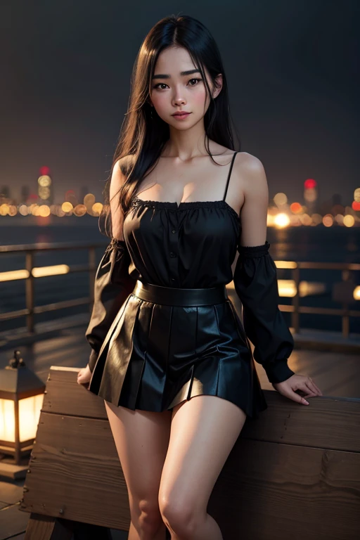 (RAW-Fotos, best quality), (realistic, photorealistic: 1.2), (round face: 1), 1 girl, Outdoor selfie , (detailed skin: 1.2), (Swollen eyes), ( lying silkworm ), smile, collarbone, Water,  straight brown black hair,  pure black pleated skirt ,  soft lighting ,  high quality , Cityscape, Skyline, Night, rain, wet,  professional lighting , Photon Mapping, radiosity, Physically Based Rendering,