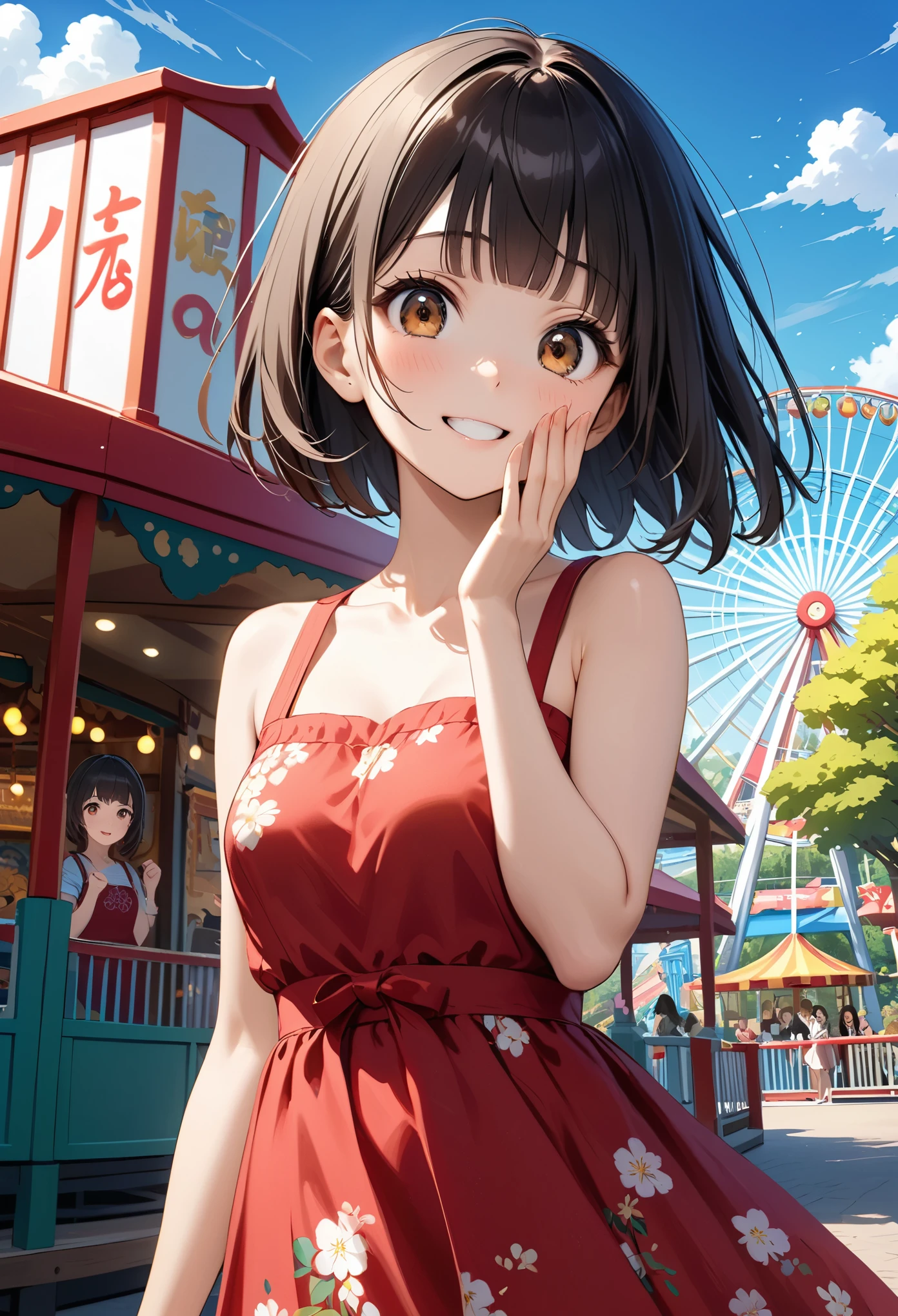 1 girl, 18yo, (flat chest: 1.5), blue eyes, light brown hair, bob cut, summer outfit, smile, open mouth, standing, upper body, (various pose:1.5), summer festival, holding candy apples with stick, crowd, night, 8k, RAW photo, best quality, masterpiece, extremely detailed 8k wallpaper, ultra-detailed, best shadow, detailed background, beautiful detailed face, beautiful detailed eyes, nice hands, perfect hands