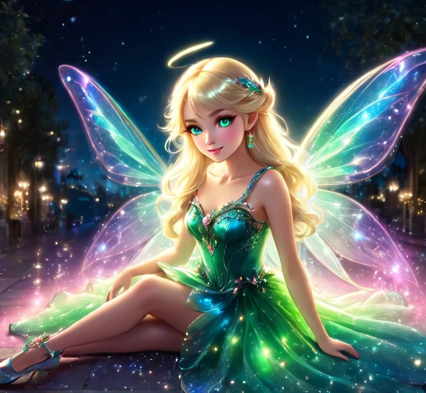 Blonde Goddess, beautiful fairy, green and blue wings, pink lights, fairy at night, sparkles, sheen, shine, glow, pretty eyes, beautiful perfect ears, glass slippers, soft effects