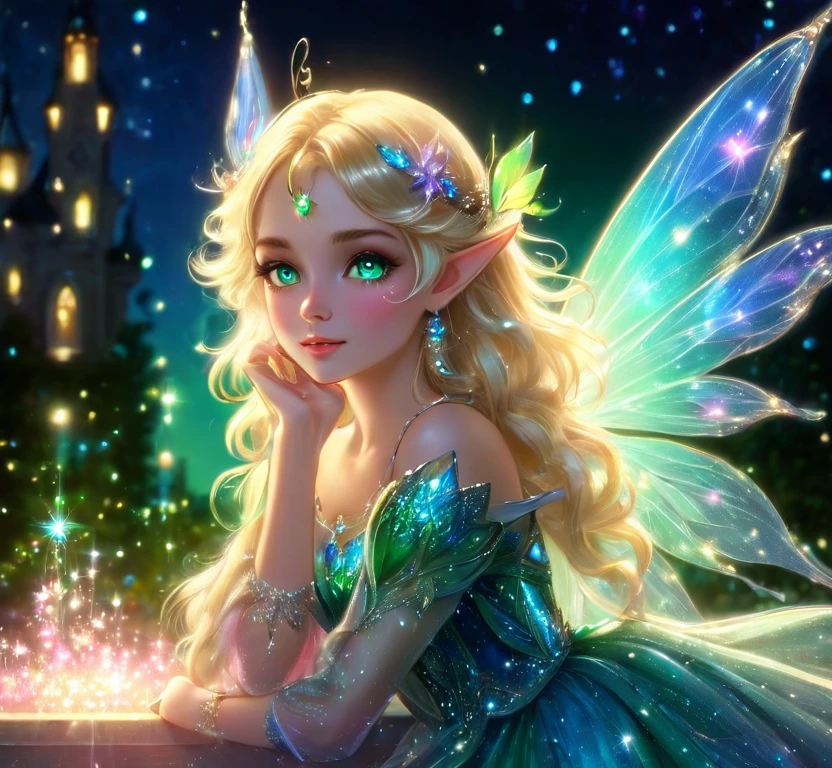 Blonde Goddess, beautiful fairy, green and blue wings, pink lights, fairy at night, sparkles, sheen, shine, glow, pretty eyes, beautiful perfect ears, glass slippers, soft effects