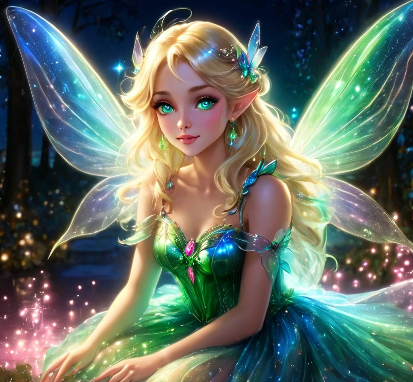 Blonde Goddess, beautiful fairy, green and blue wings, pink lights, fairy at night, sparkles, sheen, shine, glow, pretty eyes, beautiful perfect ears, glass slippers, soft effects