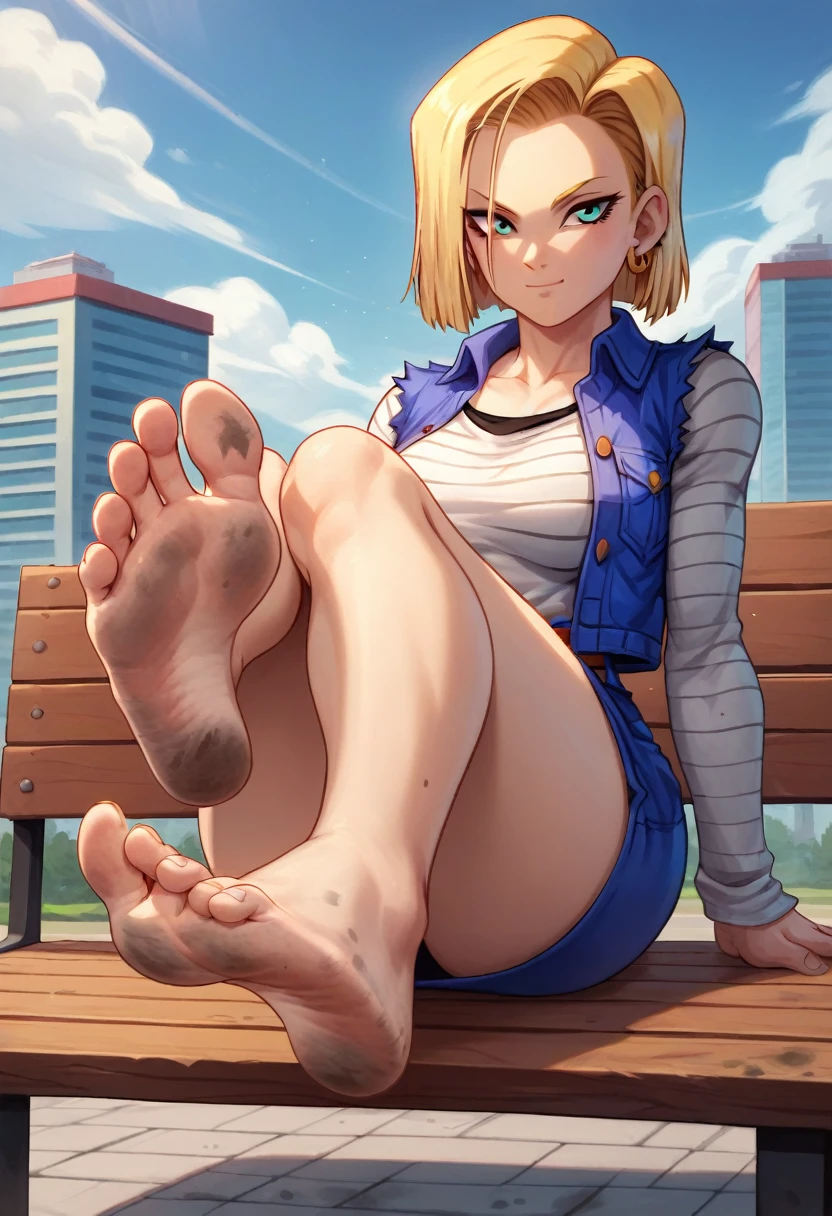 8k, high definition, cleanup, best quality, Android 18, 1 girl, solo, blonde hair, long sleeves, barefoot, soles, feet, toes, feet focus, sitting on bench, floor, building, outdoors, big breasts, wide hips, seductive smile, seductive look, feet up, legs up, dirty feet,  dirty soles 