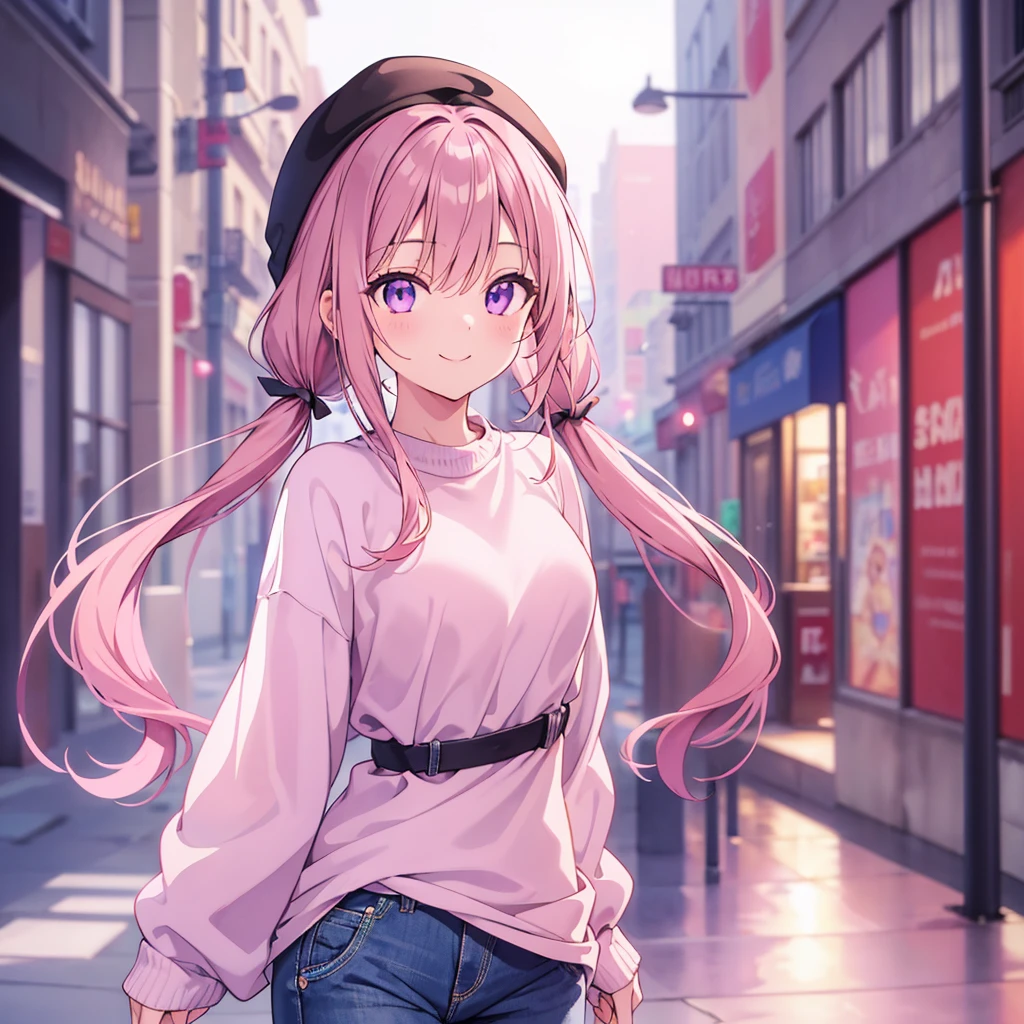 (((masutepiece))),((ultra-detailliert,Best Quality, hight resolution, 8K Wallpaper, Beautiful clothes,)),fullllbody,Fulll body Shot (1 girl)((Pink hair, Long hair,Straight hair,two side up)) (Green eyes),eyeshadows, eye line,gloweyes, ultradetailed eyes, intricate eyes, Beautiful eyes, ((Glowing pink pupils))18-year-old girl.A smile.baggy hoodie.off-shoulder.Sheer material、