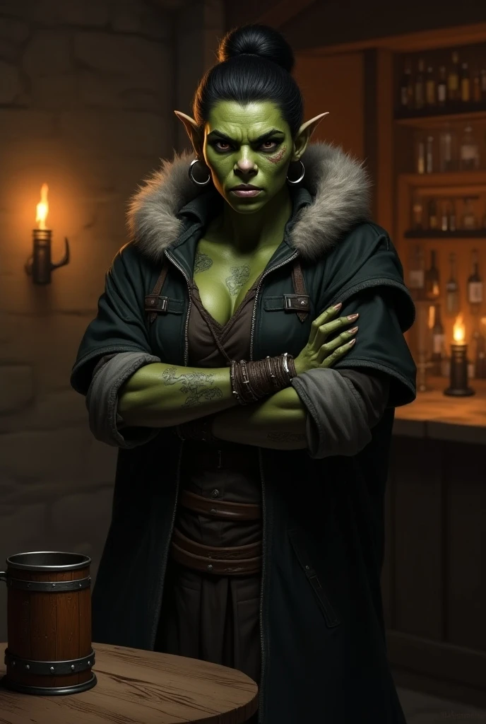 A4k picture of a female goblin, green skin, black hair, in a tavern, fully clothed, fur and leather garments