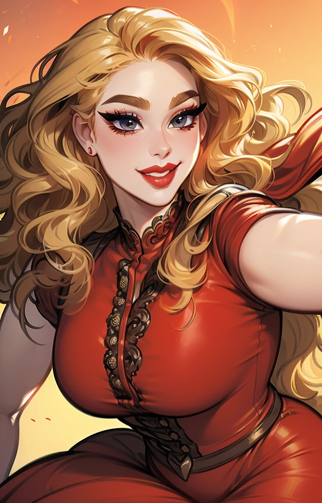 (Masterpiece:1.2), ultradetailed face, portrait, dynamic angle, detailed shading, curvy, (dynamic pose:1.4), (confident:1.2), mature woman, blushyspicy, thick lineart, heavy makeup, (red fit dress), skinny, (long wavy hair), wolfcut, red lips, smile, ((blonde hair)), pale skin, sexy pose