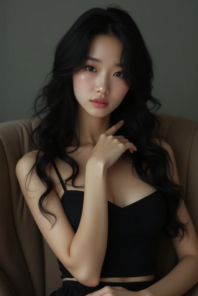 A gorgeous seducing sexy subtle smiling japanese 24-year-old model wearing stylish shorts and having big open cleavage ultra high realistic attractive image 