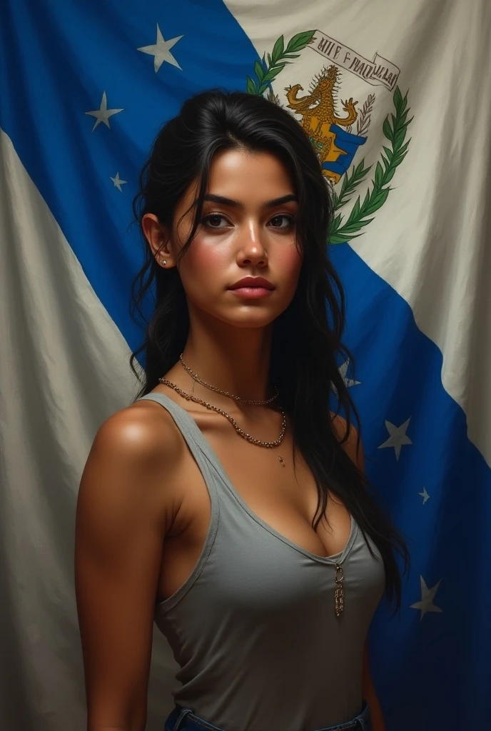 So create a casual picture of a cute young Chilean woman sitting barefoot at home completely naked with Chile flag on the wall