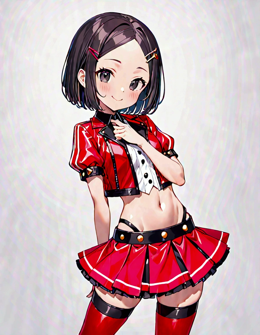 (masterpiece)(best quality)(ultra detailed)(high resolution), girl, solo, black hair short hair, bob cut, (forehead:1.2)(hairpin in center parted bangs:1.2), black eyes, slender body, medium hip, smile, shiny black leather shorts, oversized spiker jacket, baretop, striped stockings, upper body above knees, pose of looking front, indoors,