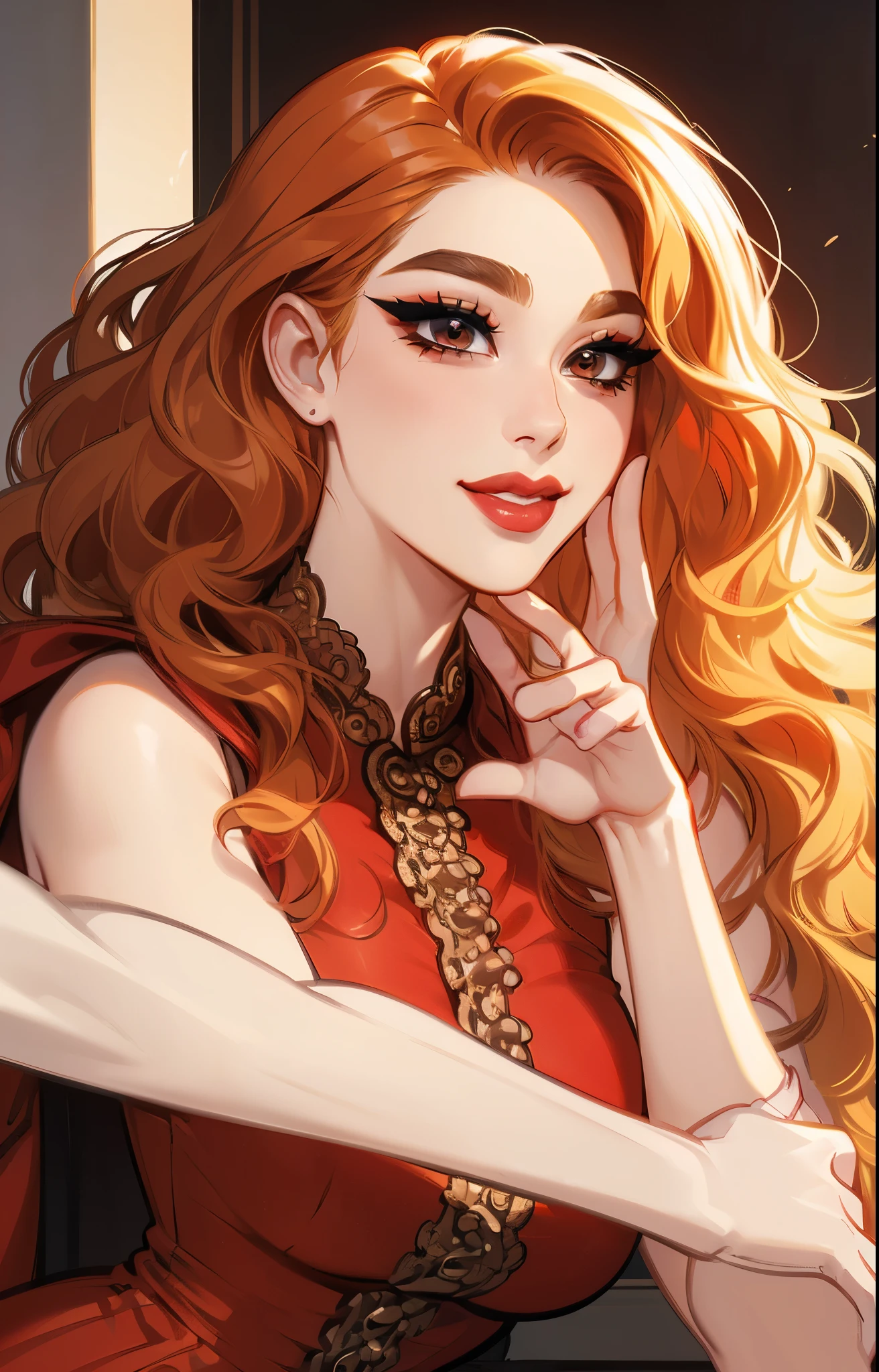 (Masterpiece:1.2), ultradetailed face, portrait, dynamic angle, detailed shading, (dynamic pose:1.4), (confident:1.2), mature woman, blushyspicy, thick lineart, heavy makeup, (red fit dress), skinny, (long wavy hair), wolfcut, red lips, smile, blonde hair, pale skin, sexy pose