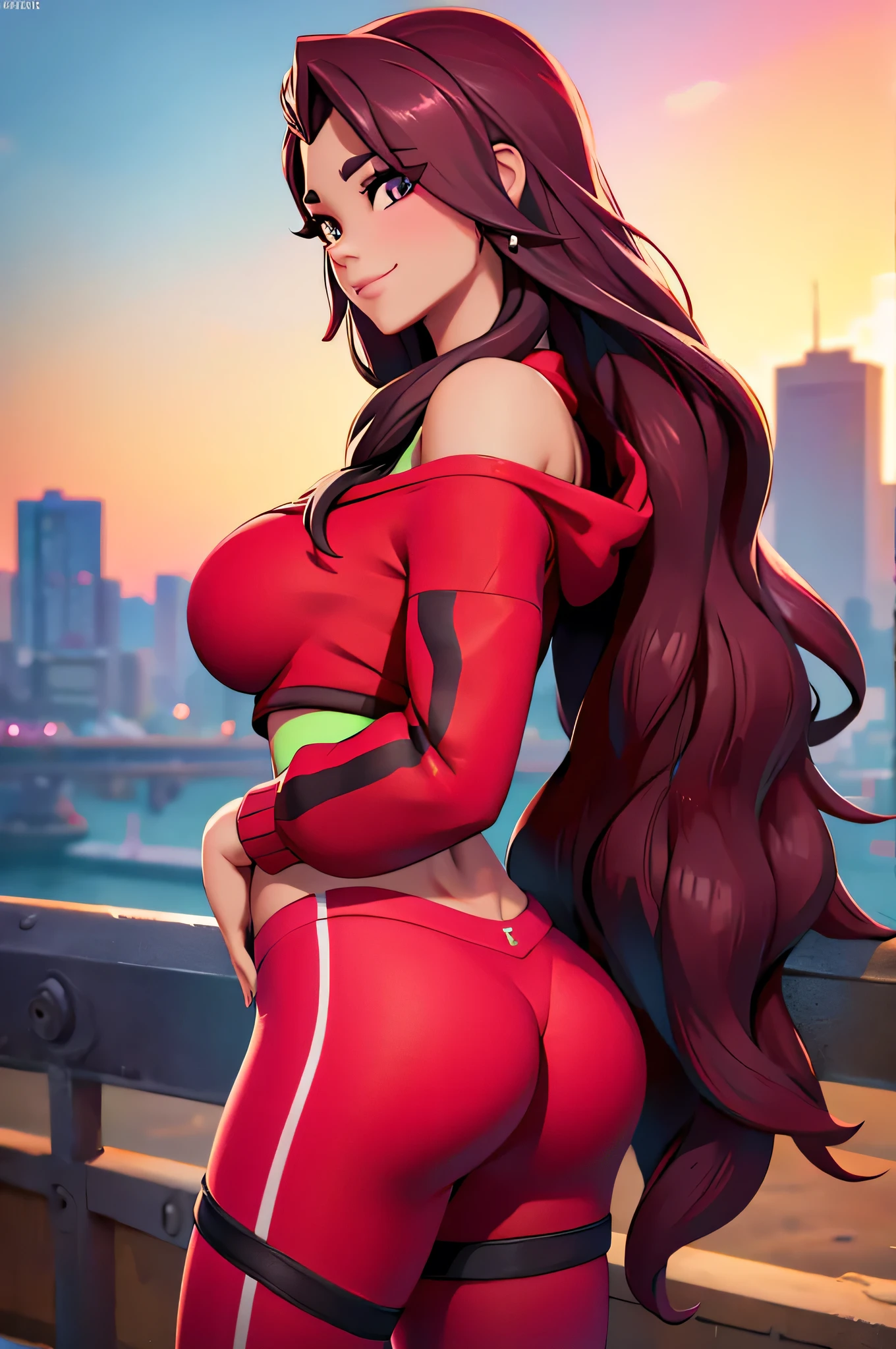 Ruby , (fortnite),1girl, solo, long hair, looking at viewer, smile, breasts, city background, butt, bare shoulders, tight shirt, closed mouth, portrait, red sweatshirt, skin tight pants, red sports pants, seductive, realistic, best quality, masterpiece, ultra detail, ultra high res, extreme detail, 8k, uhd