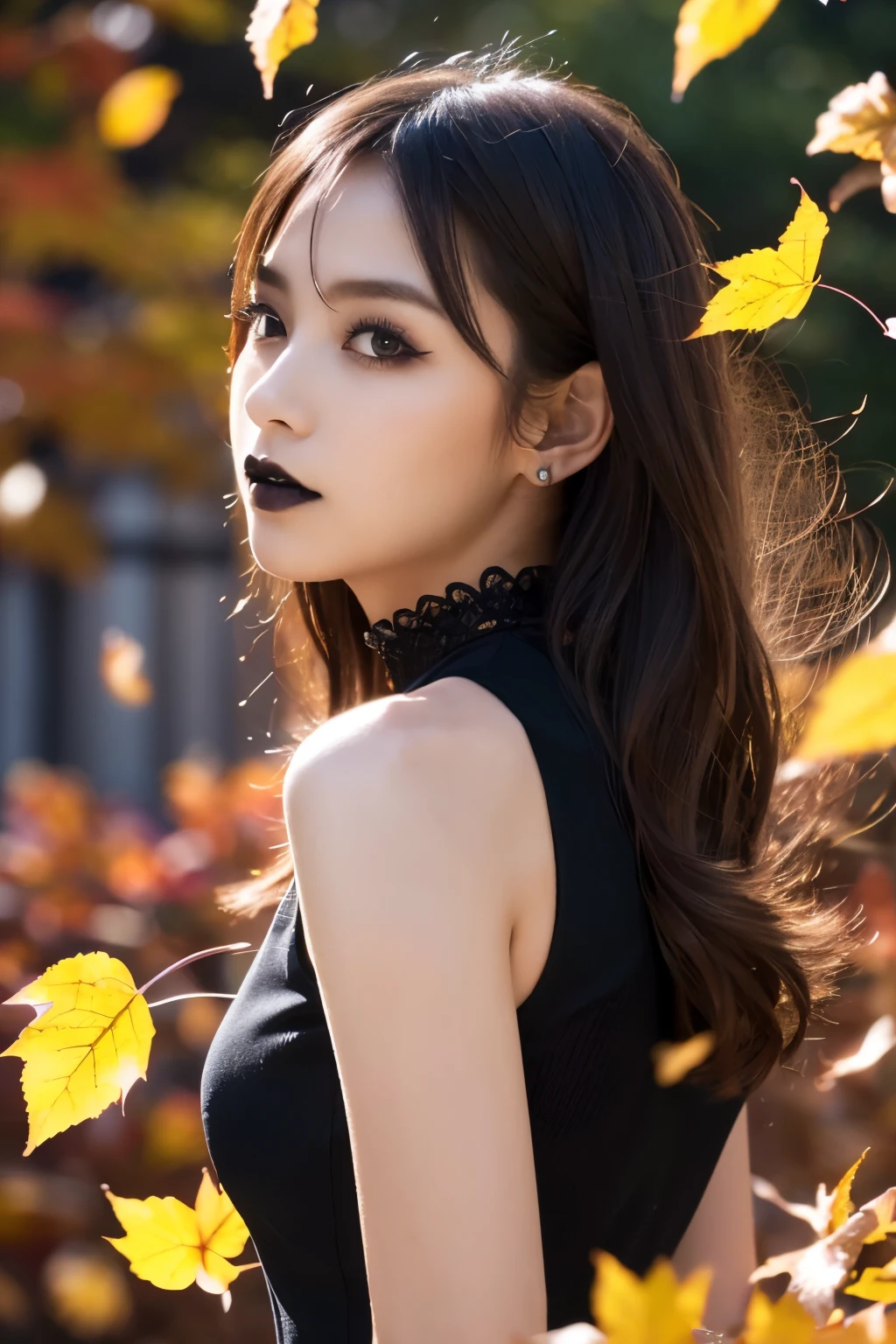  1 girl, ( She is wearing a gothic black dress:1.2), (Gothic Makeup),  A portrait of a very beautiful Japanese idol (RAW Photo Best Quality), (Realistic, Realistic:1.4), (masterpiece), 
 so delicate and beautiful,  very detailed , 2k wallpaper, wonderful, finely,  very detailed  CG Unity 8K wallpaper,  very detailed ,  High Resolution , Soft light, 
  beautiful girl with attention to detail  ,  very detailed 目と顔, A beautiful and elegant nose, Beautiful beautiful eyes, Cinema Lighting, 
(Girl full body silhouette:1.2), (Design background with lots of fallen leaves swirling all over:1.4), ( colorful autumn leaves ), ( vivid screen with strong contrasts :1.5),
( medium hair ), ( hair is blowing in the wind), 
 Perfect Anatomy, Slender body, Small breasts, Thin, slender legs