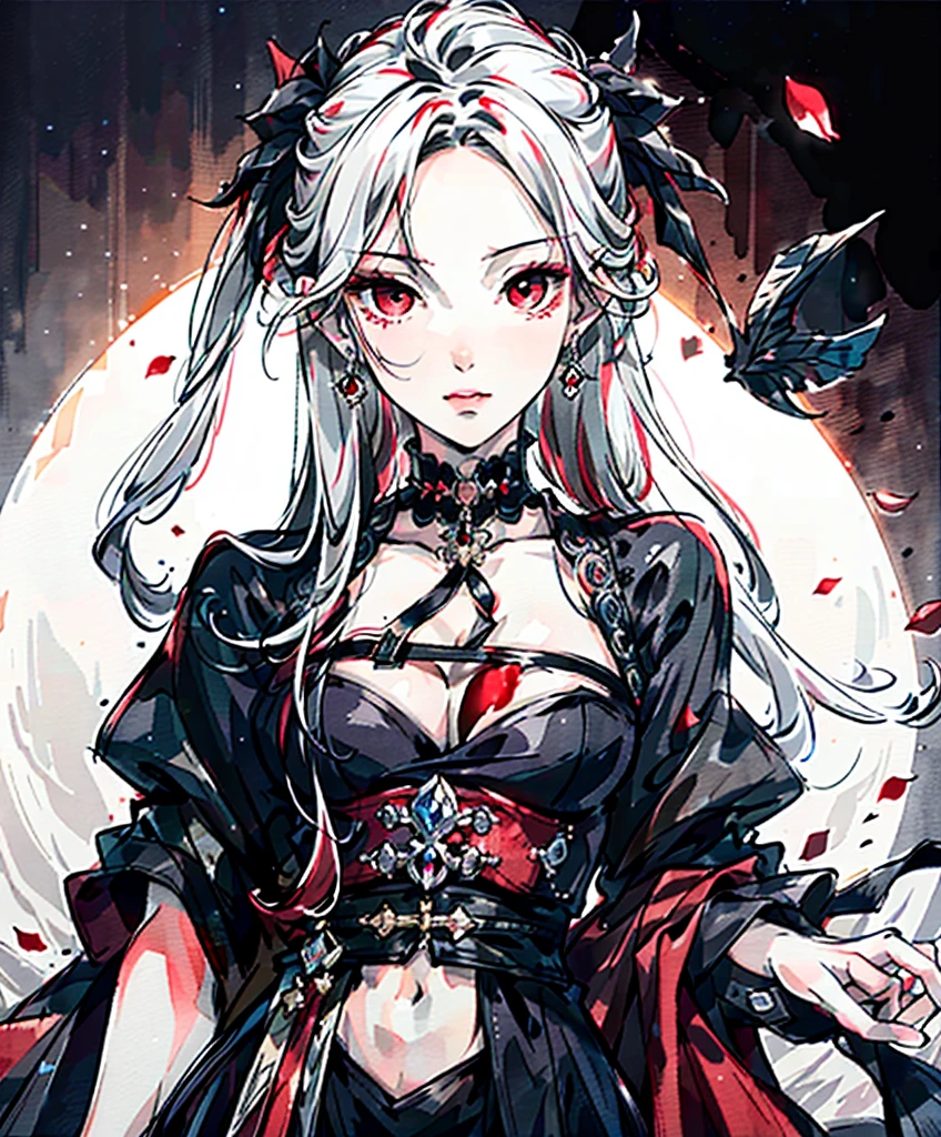 Anime (best quality),(Masterpiece:1.2), (colorful:0.9), (ink splashes),(color splashes),((watercolour)), Sharp focus, Model Shoot,, , Lovely expression.,elegant white hair, Beautifully detailed red face and eyes, Torn clothes, Forest background with vampires,, hold green