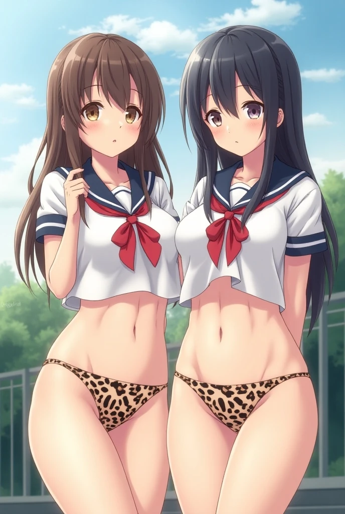 Highest quality, Ultra-high resolution, (Realistic: )2D official style cel animation,((Two Amagami Girls sitting side by side))Schoolgirl uniform,Summer clothes,Tight Skirt,mini skirt,Straight hair,head band(Embroidered panties,Embroidered bra)((Nipples))((loose socks))sneakers,Full body portrait,(From below),Station stairs,sunny,Quite embarrassing,blush,Unbutton your shirt