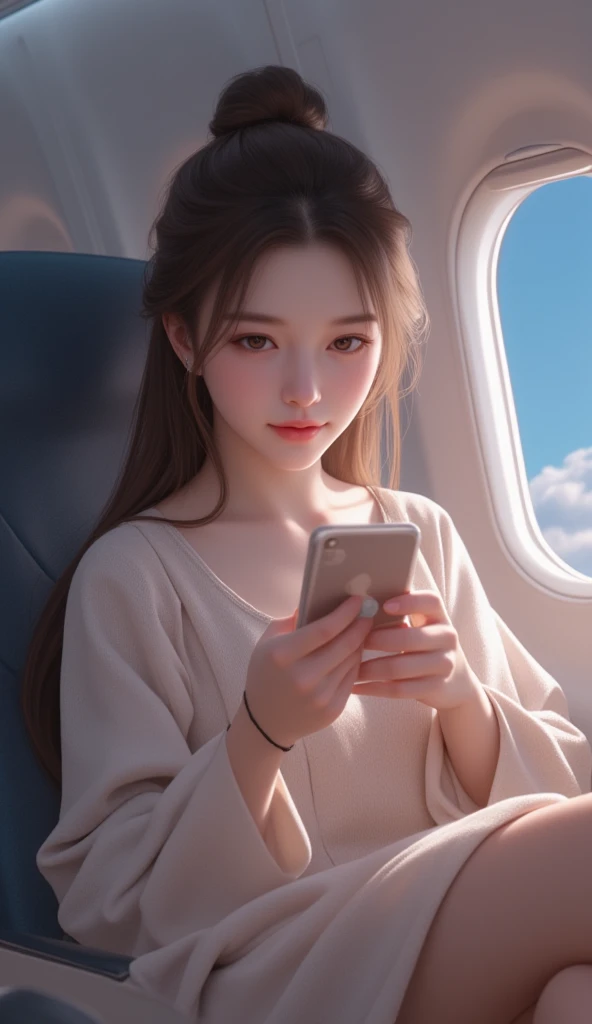 araffe girl sitting in a plane looking at her cell phone, beautiful south korean woman, gorgeous young korean woman, beautiful young korean woman, korean girl, cute korean actress, 19-year-old girl, gorgeous chinese model, she is about 1 , ruan jia beautiful!, with round face, asian girl with long hair, ulzzang