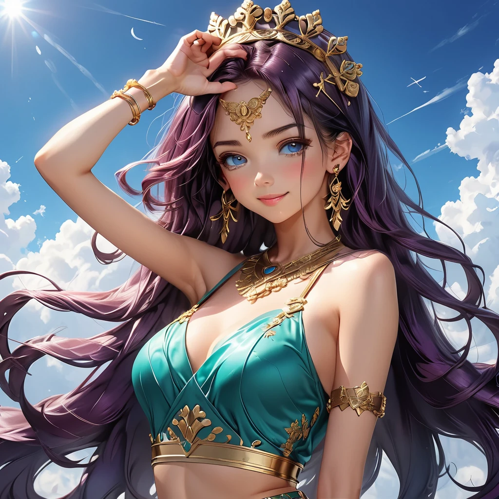 masterpiece, best quality, photorealistic, realistic skin/face, beautiful, highly detailed, intricate, beautiful young woman, (long royal-blue+ hair)+ bangs+, purple eyes, fancy green silk dress, attractive, small smile, fantasy, tropical island, syrenna --auto