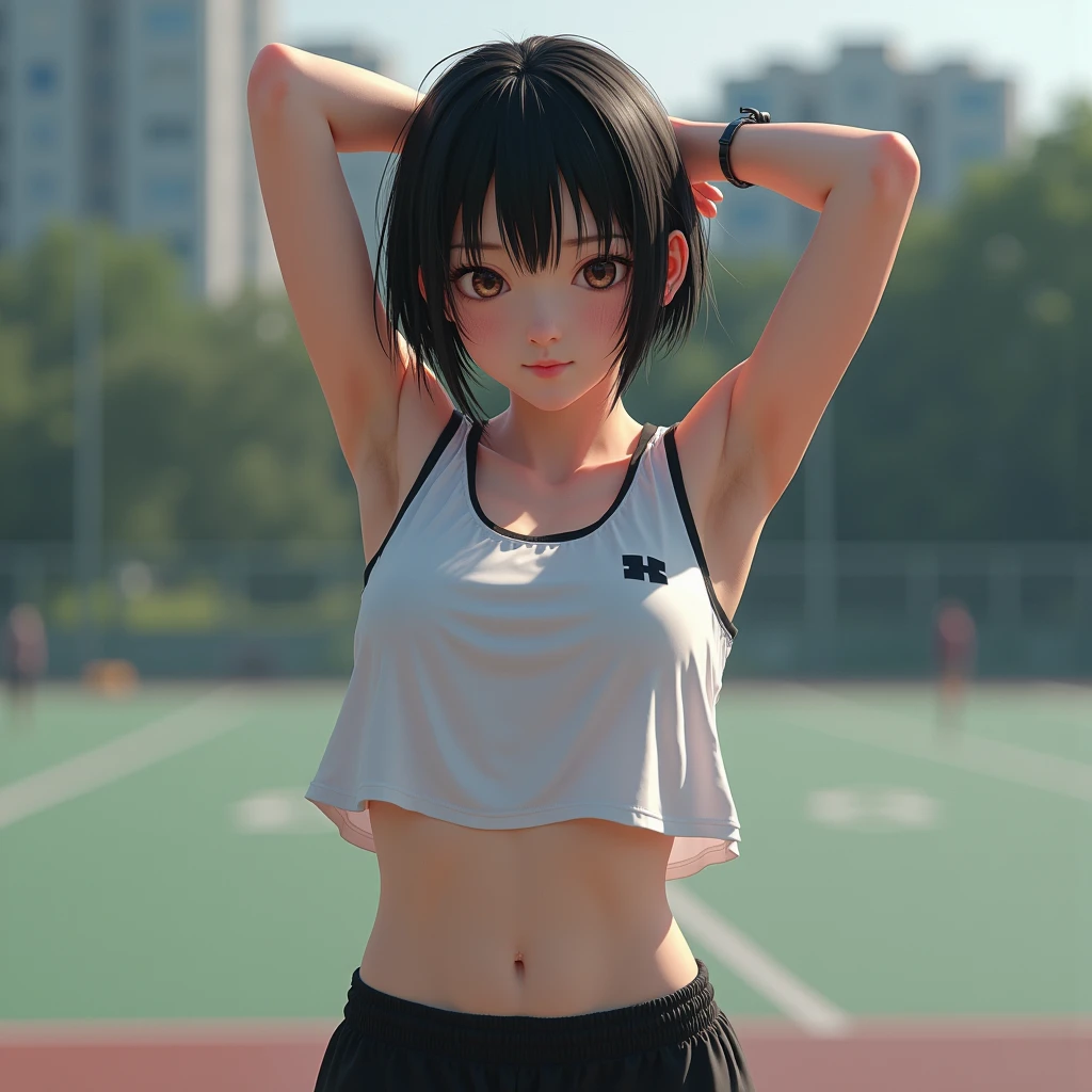 Track and field club、Female university student、1、Japanese、Cute face like an idol、Track and field clubユニフォーム、Sweating、Uniforms that expose a lot of skin、sexy、ponytail、I have a little muscle、The abdominal muscles are lightly cracked、(best quality,4K,8k,highres,masterpiece:1.2),ultra-detailed,(realistic,photorealistic,photo-realistic:1.37),HDR,uhd,studio lighting,ultra-fine painting,sharp focus,physically-based rendering,extreme detail description,professional,vivid colors,bokeh,cinematic lighting,dramatic shadow、High resolution, High-resolution model, Retina, Textured skin, Ultra high definition,