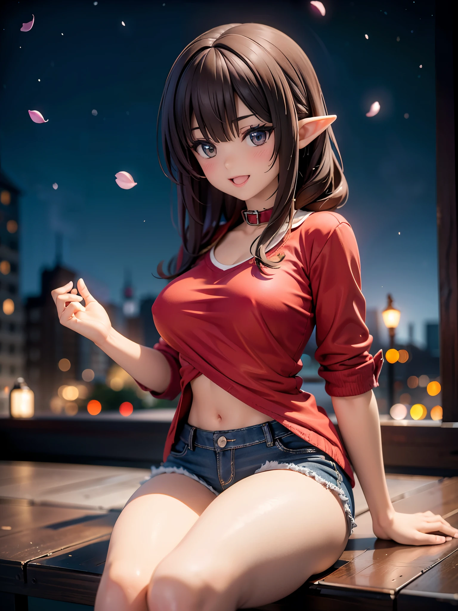 realistic image, coherent image, detailed image, 1 beautiful elf. She has brown hair. Scarlet eyes, long eyelashes. Her face is oval and delicate. smiling with open mouth. She is wearing a traditional red shirt, with a tangerine collar, showing her navel, jean shorts, sneakers, she has a curvy body, medium breasts and thick thighs. Urban background. starry night, flower petals falling. natural lighting in front, volumetric lighting