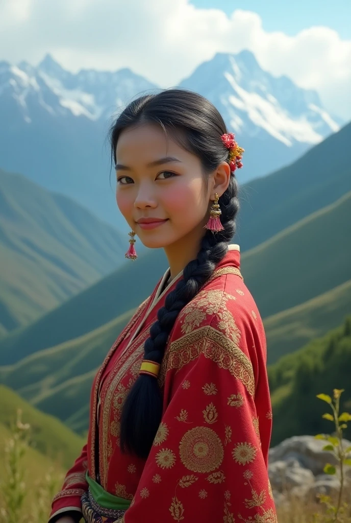 A girl, long braids, Tibetan girl, close-up on front, slightly raised head, smile, front photo, upper body, bust photo, Tibetan costume, colorful clothing, navy blue Tibetan costume, collar with fluff, fluff collar, high-end Tibetan clothing, cumbersome Tibetan clothing design, cold clothing, winter clothing, appearance Yang transcendence, round face shape, gorgeous Tibetan clothing, cumbersome Tibetan necklace, cumbersome Tibetan headdress, colorful headband, real person CG, sweet style, film style, HD 4K, photography effect, studio effect, White glow, mythical wind, snowfield background, character core, picture ratio 16:9, mask fresh.