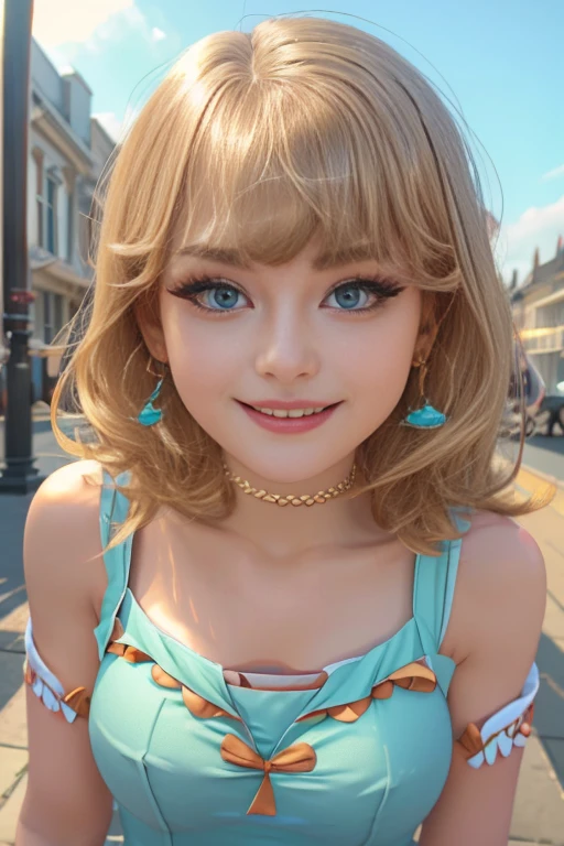 (The best quality, 4k, 8k, High Resolutions, masterpiece:1.2), ultra detailed, detailed face, Detailed lips and eyes......, cute makeup , attractive appearance, expressive face, realist,
TO BREAK  Loud ,beautiful caucasian woman with shoulder length messy wavy blonde hair,short blonde hair , brown eyebrows, big blue eyes, clear skin, slim and athletic, Long hair , blond hair,
TO BREAK  (dynamic  pose)  ,Nice smile,  Soft sunlight illuminating the scene, Subtle movement of the wind in the hair, cheerful expression, gloomy atmosphere, Suave, Natural lighting that emphasizes your features......, Subtle shadows that add depth and dimension to the image......, (maduro) , posing sexy , cute makeup , Red lips , blue eye shadow , leni loud , She is wearing a turquoise dress, black glasses on the head, happy , Whole body 