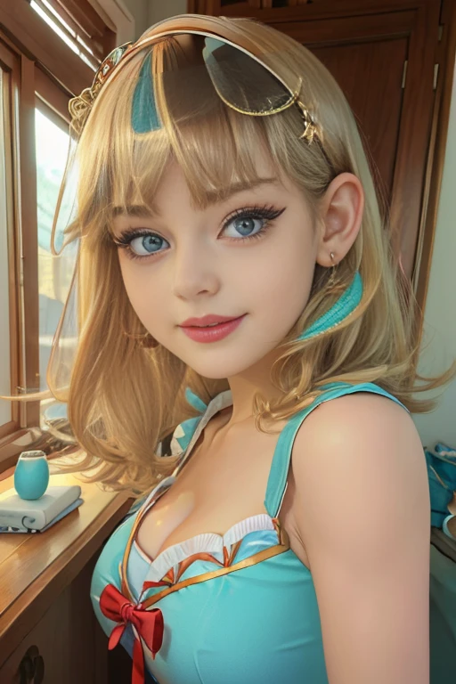 (The best quality, 4k, 8k, High Resolutions, masterpiece:1.2), ultra detailed, detailed face, Detailed lips and eyes......, cute makeup , attractive appearance, expressive face, realist,
TO BREAK  Loud ,beautiful caucasian woman with shoulder length messy wavy blonde hair,short blonde hair , brown eyebrows, big blue eyes, clear skin, slim and athletic, Long hair , blond hair,
TO BREAK  (dynamic  pose)  ,Nice smile,  Soft sunlight illuminating the scene, Subtle movement of the wind in the hair, cheerful expression, gloomy atmosphere, Suave, Natural lighting that emphasizes your features......, Subtle shadows that add depth and dimension to the image......, (maduro) , posing sexy , cute makeup , Red lips , blue eye shadow , leni loud , She is wearing a turquoise dress, black glasses on the head, happy , Whole body 